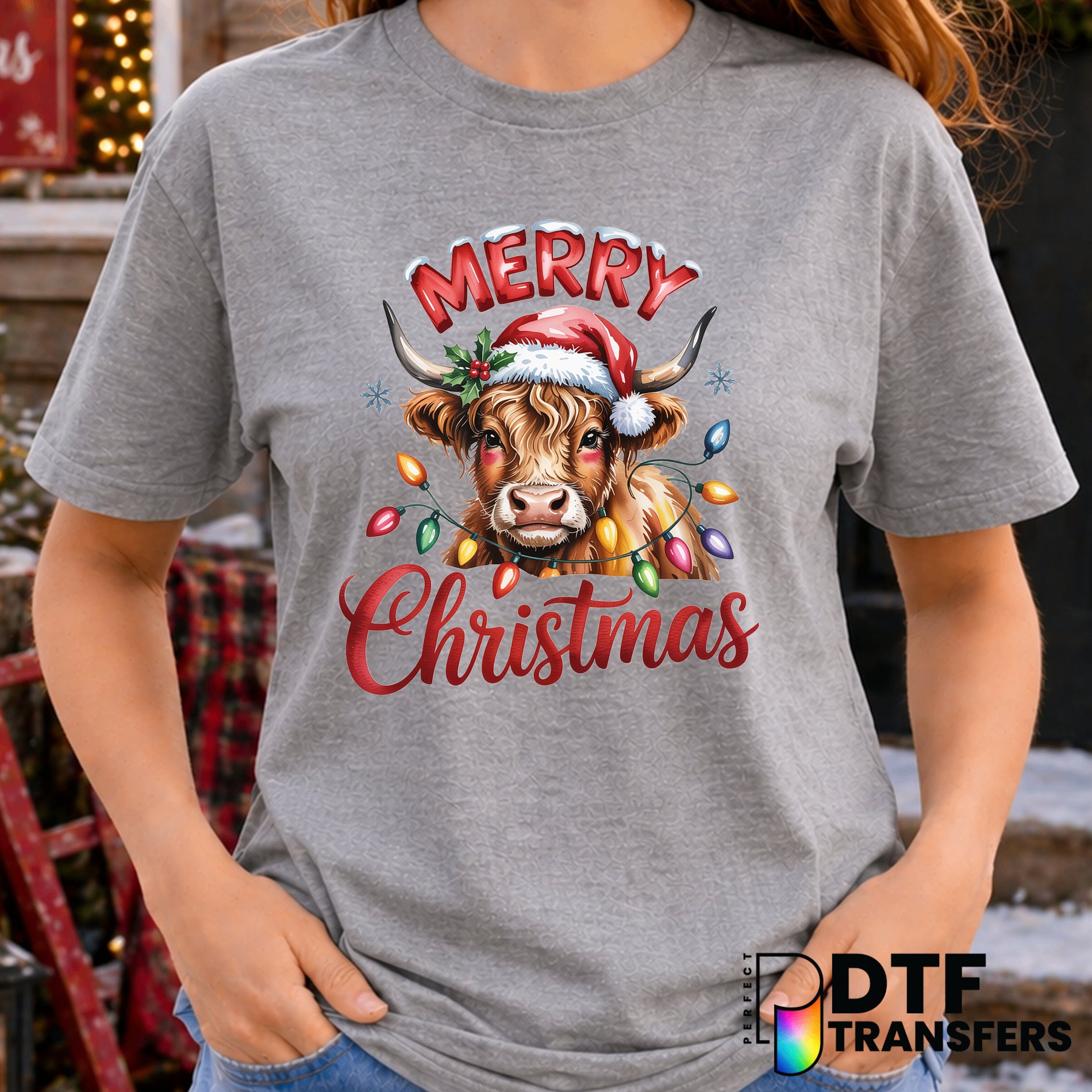 Highland Cow Christmas Lights – Christmas DTF Transfer