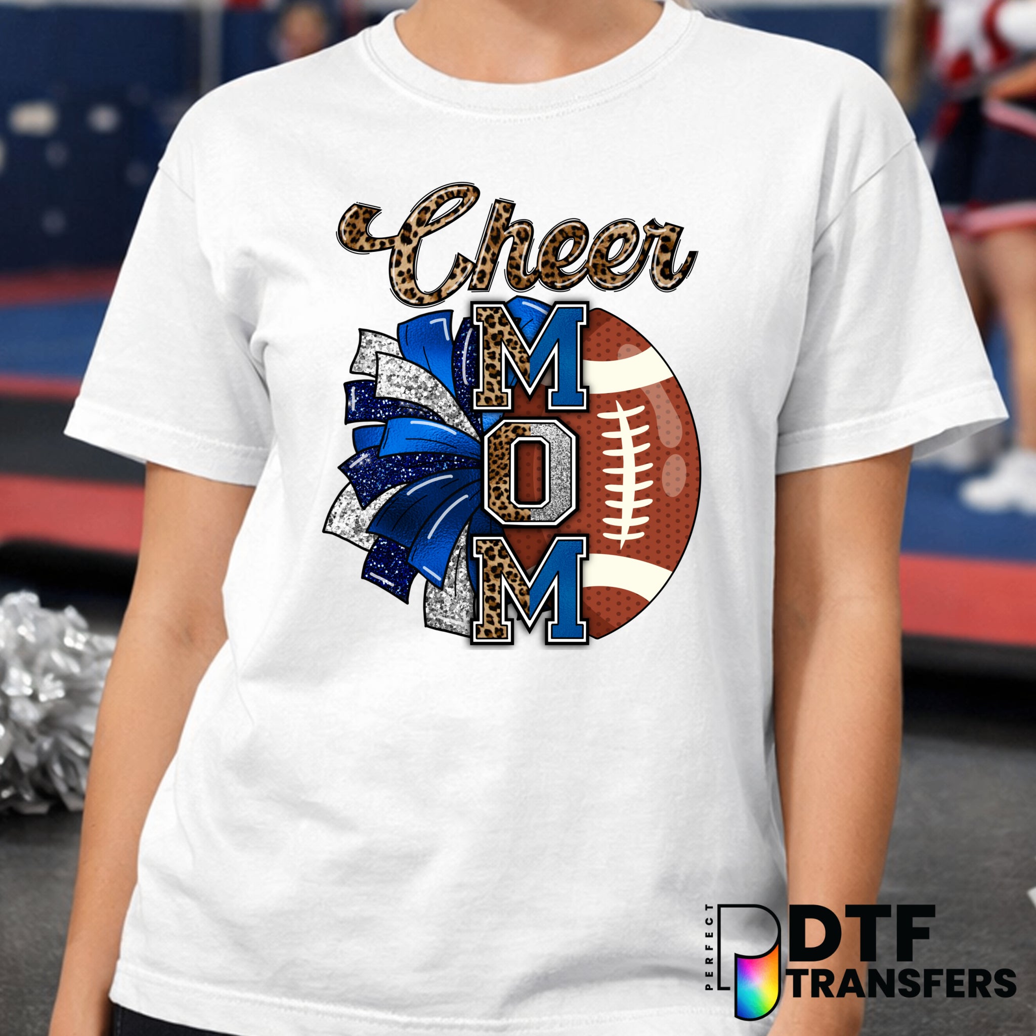Cheer Mom Football Blue Leopard Glitter – Cheerleading DTF Transfer