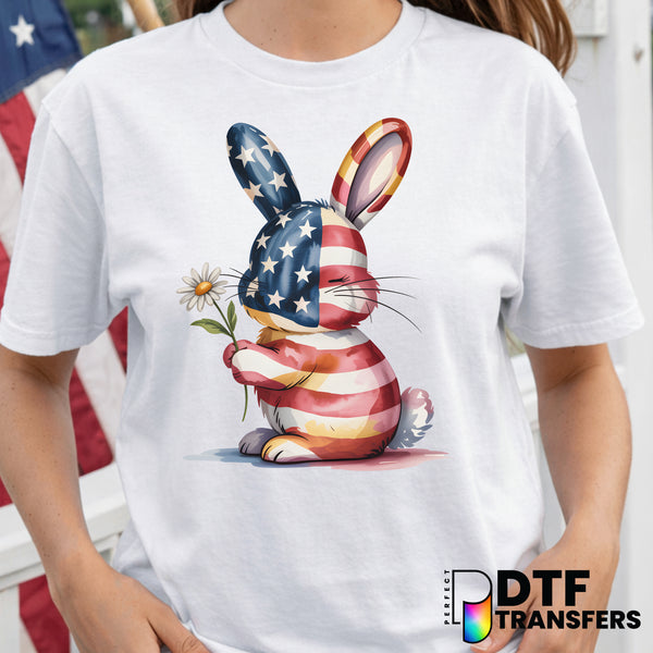 American Flag Bunny with Flower – Fourth of July DTF Transfer
