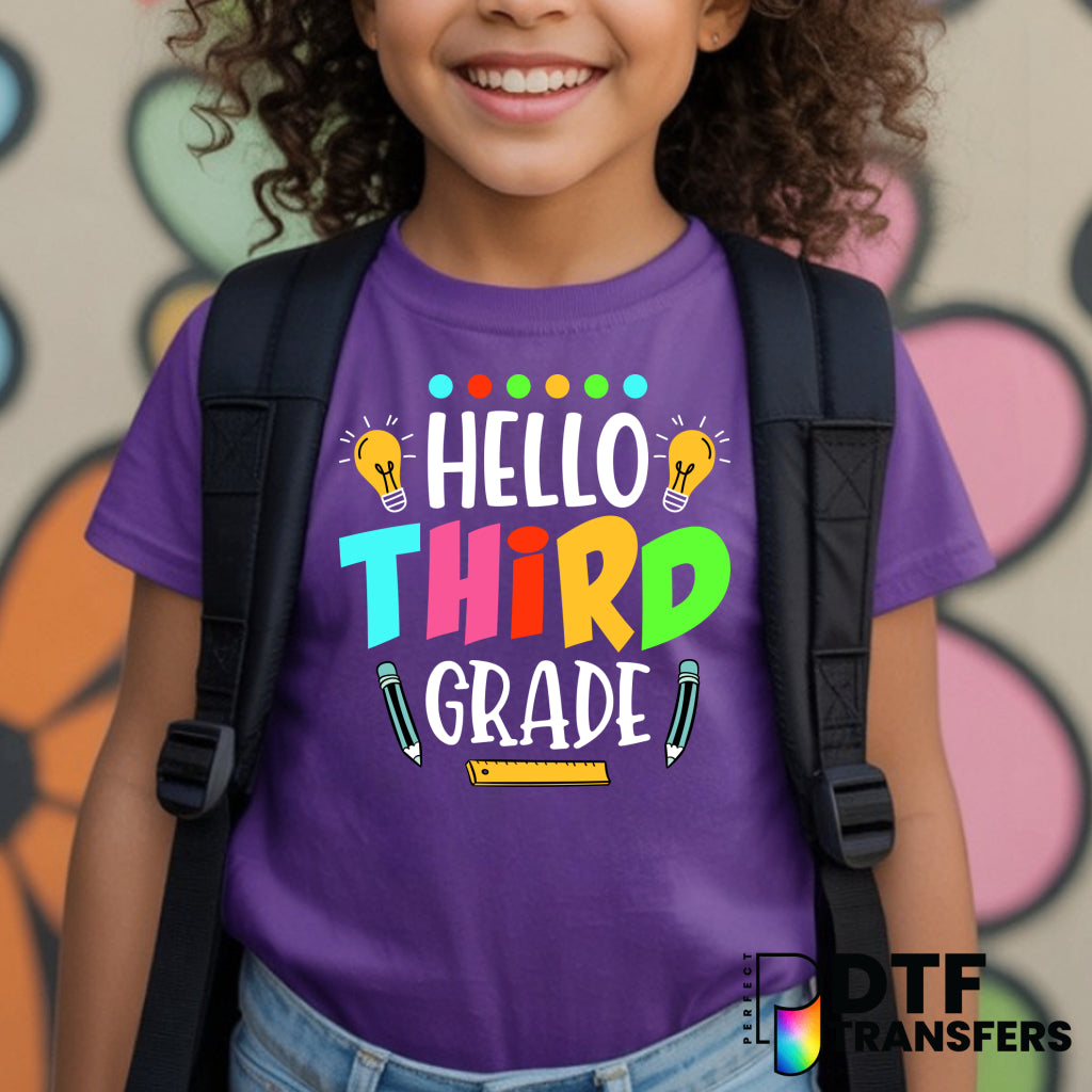 Hello Third Grade Lightbulbs Colorful – Teacher School DTF Transfer