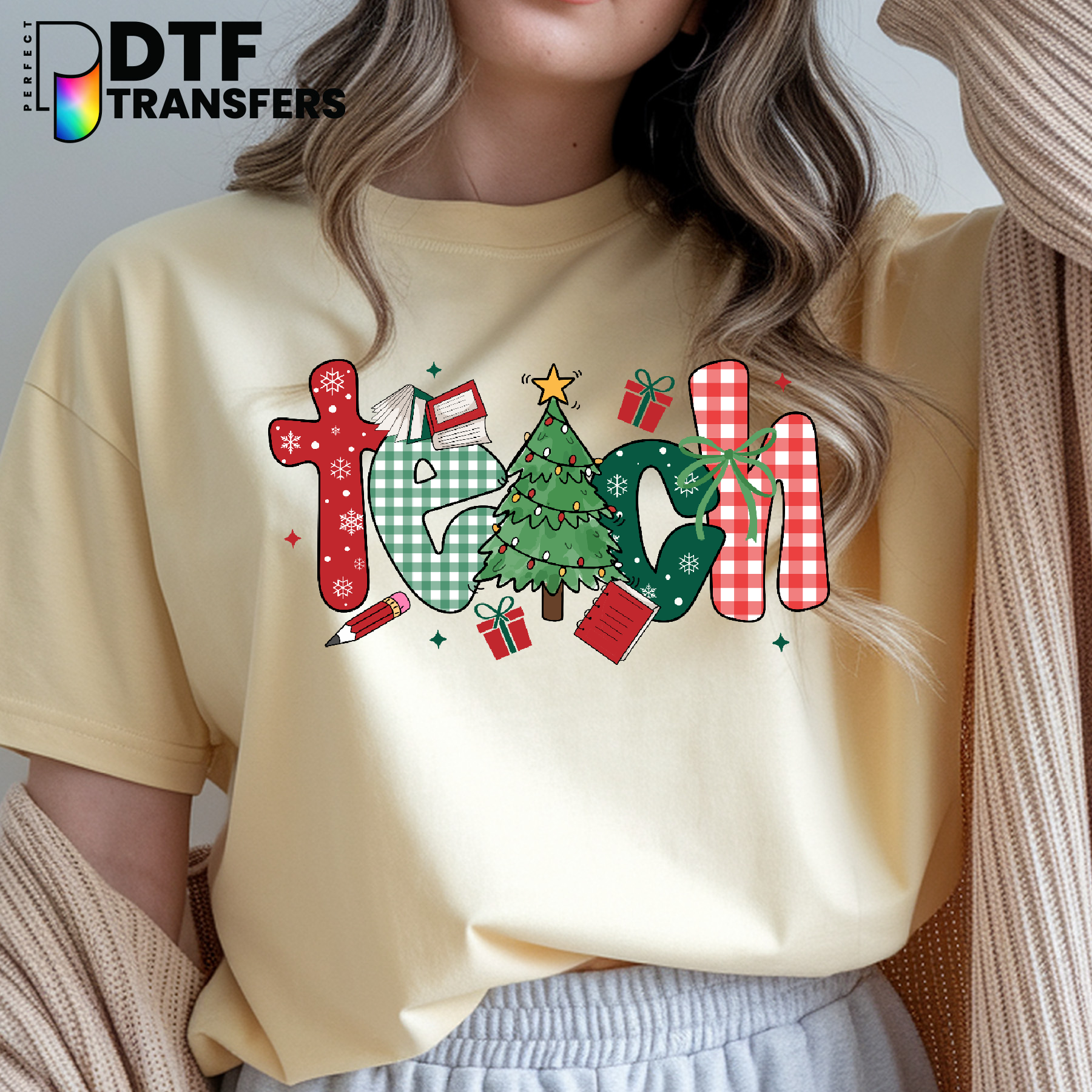 "Teach" Apple & Bow – Teacher DTF Transfer