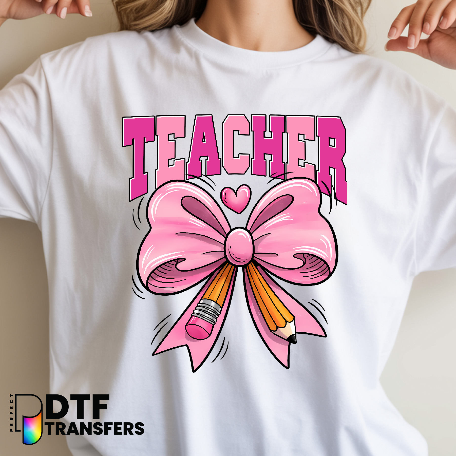 Pink Bow Pencil with Heart and Stars – Teacher DTF Transfer