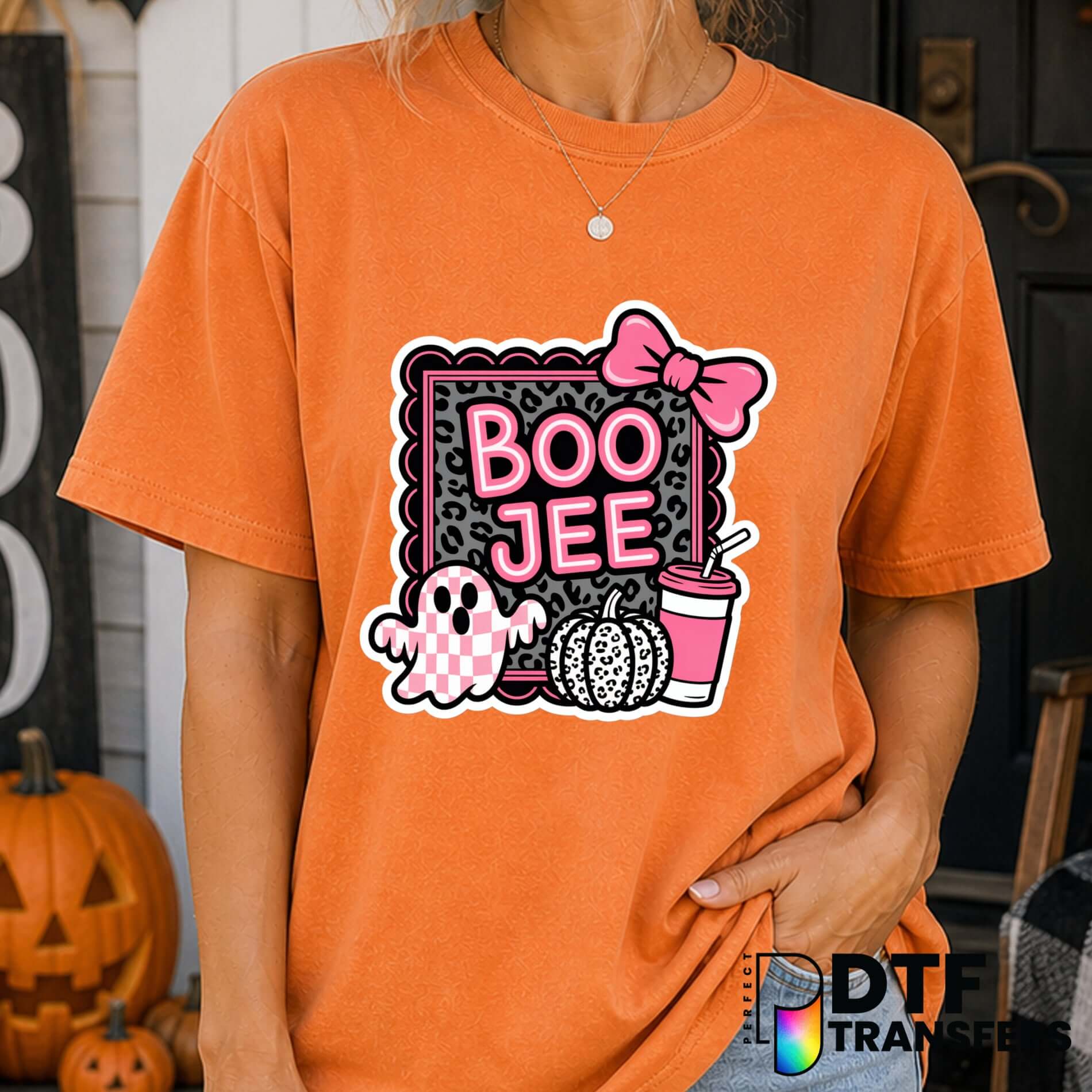 Boo Jee Checkered Ghost Coquette Leopard Bow – Halloween DTF Transfer
