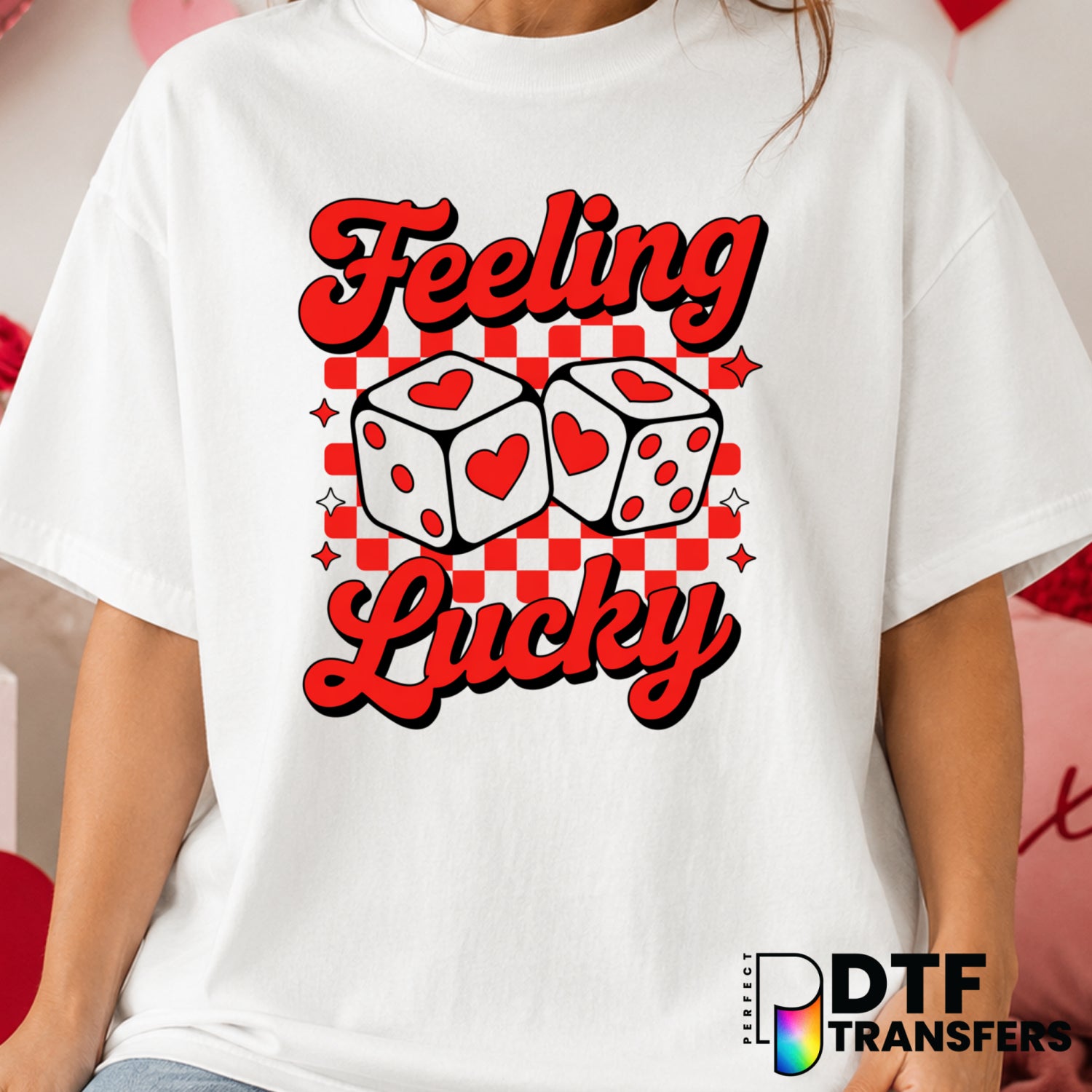 Feeling Lucky Retro Checkered Dice – Valentine's Day DTF Transfer (view 1 of 2) – by Perfect DTF Transfers – Premade DTF T...