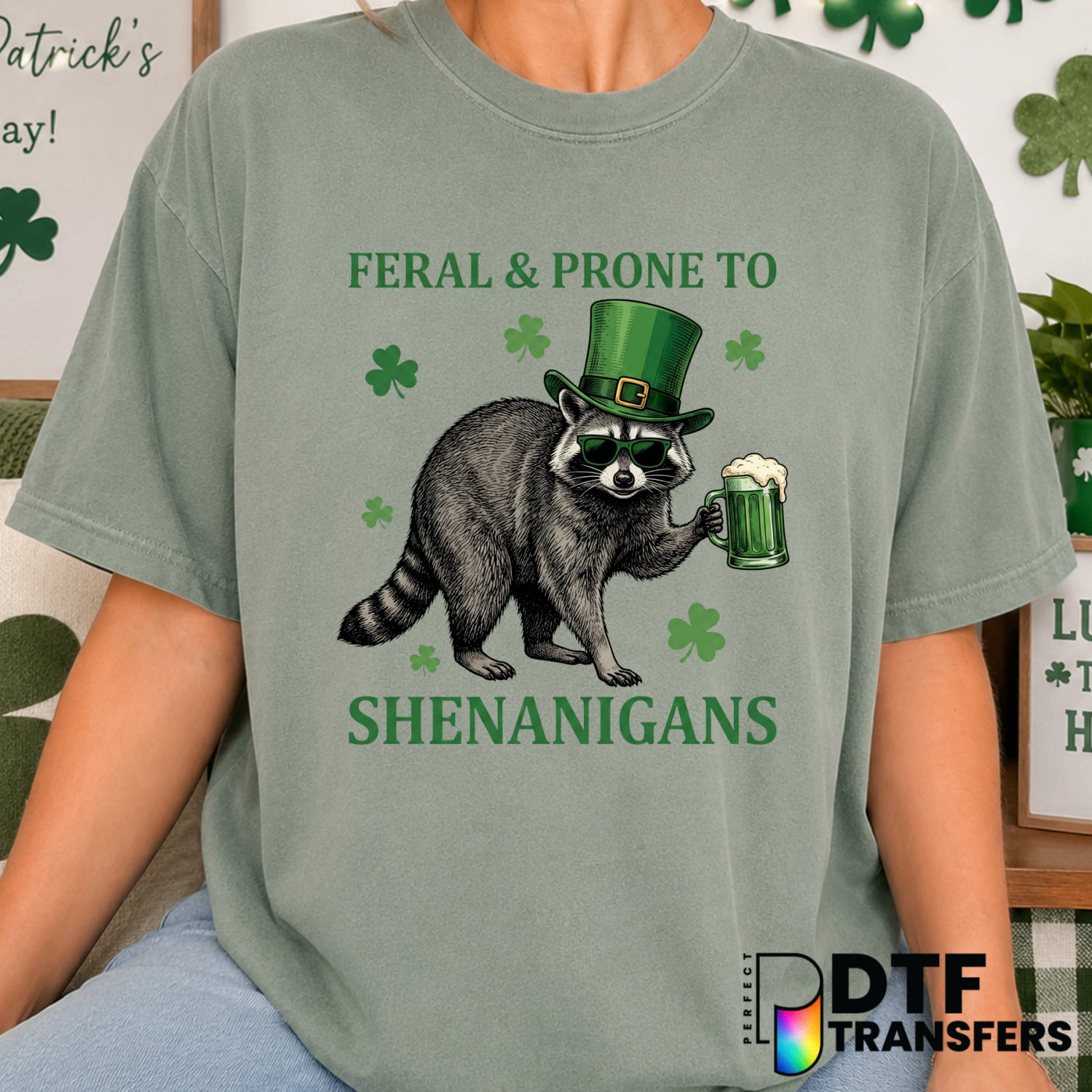 Feral and Prone to Shenanigans Raccoon – St. Patrick's Day DTF Transfer (view 1 of 2) – by Perfect DTF Transfers – Premade...