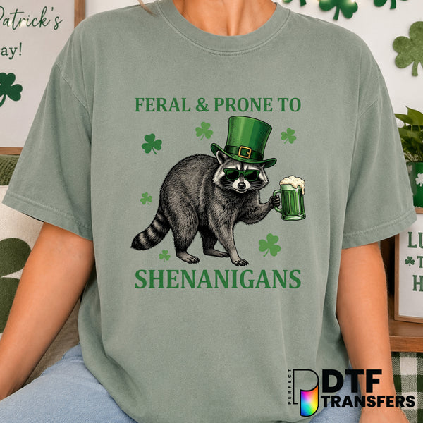 Feral and Prone to Shenanigans Raccoon – St. Patrick's Day DTF Transfer (view 1 of 2) – by Perfect DTF Transfers – Premade...