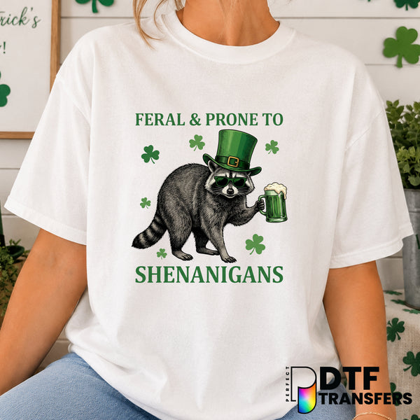 Feral and Prone to Shenanigans Raccoon – St. Patrick's Day DTF Transfer (view 2 of 2) – by Perfect DTF Transfers – Premade...