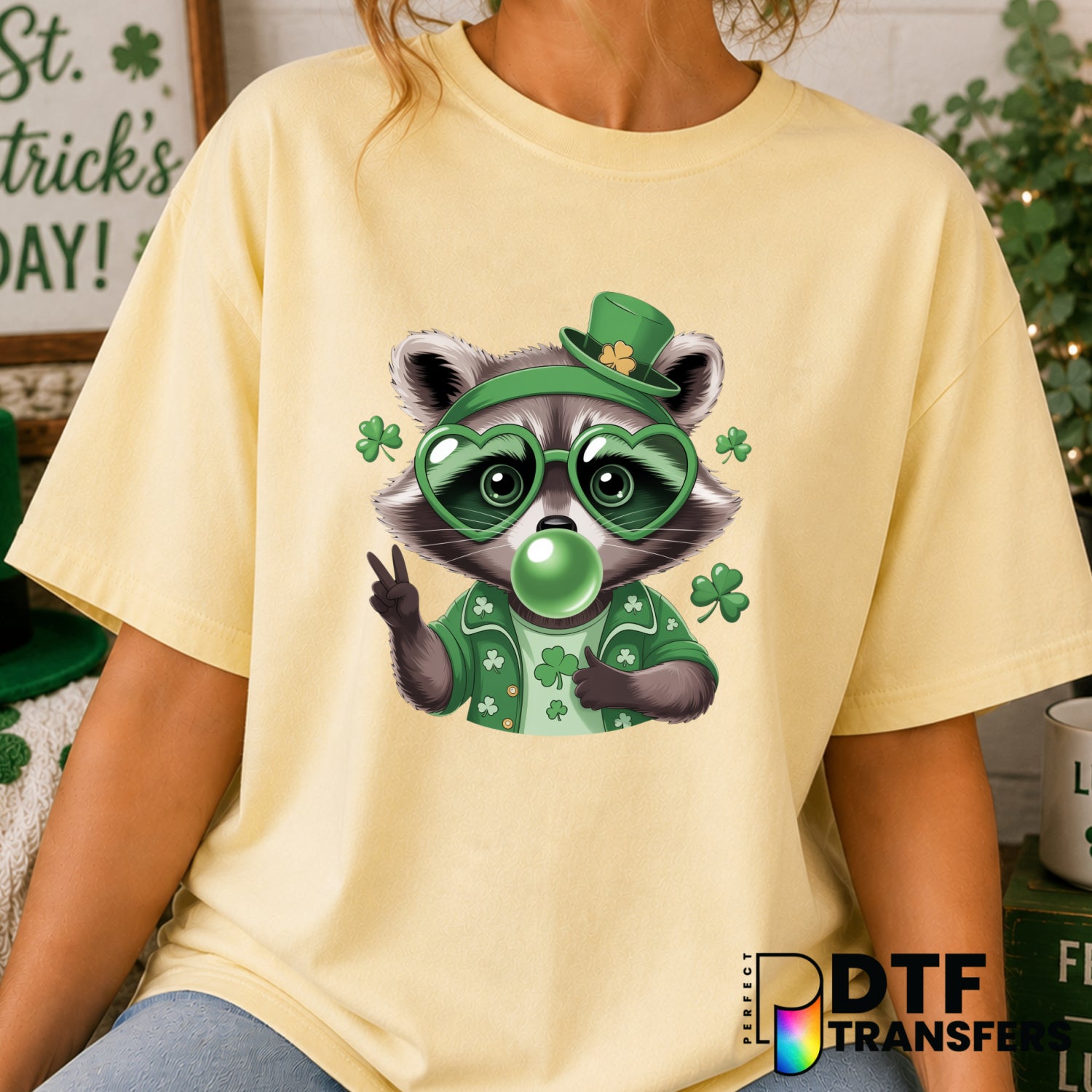 Feral Raccoon – St. Patrick's Day DTF Transfer (view 2 of 2) – by Perfect DTF Transfers – Premade DTF Transfers – St. Patr...