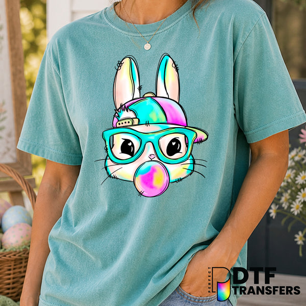 Pastel Watercolor Boy Bunny with Glasses & Bubblegum – Easter DTF Transfer
