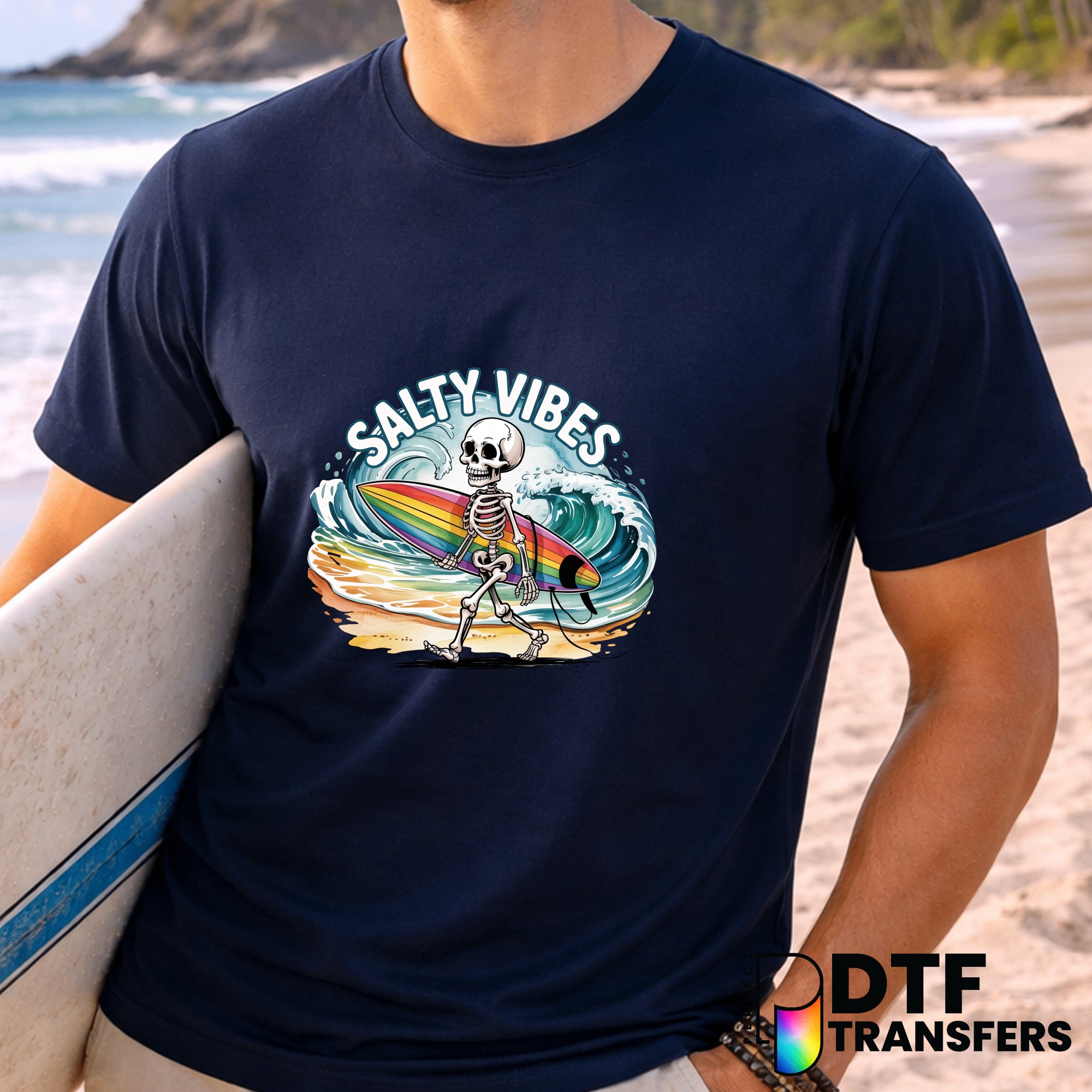 Salty Vibes Surfing Skeleton – Surfing DTF Transfer