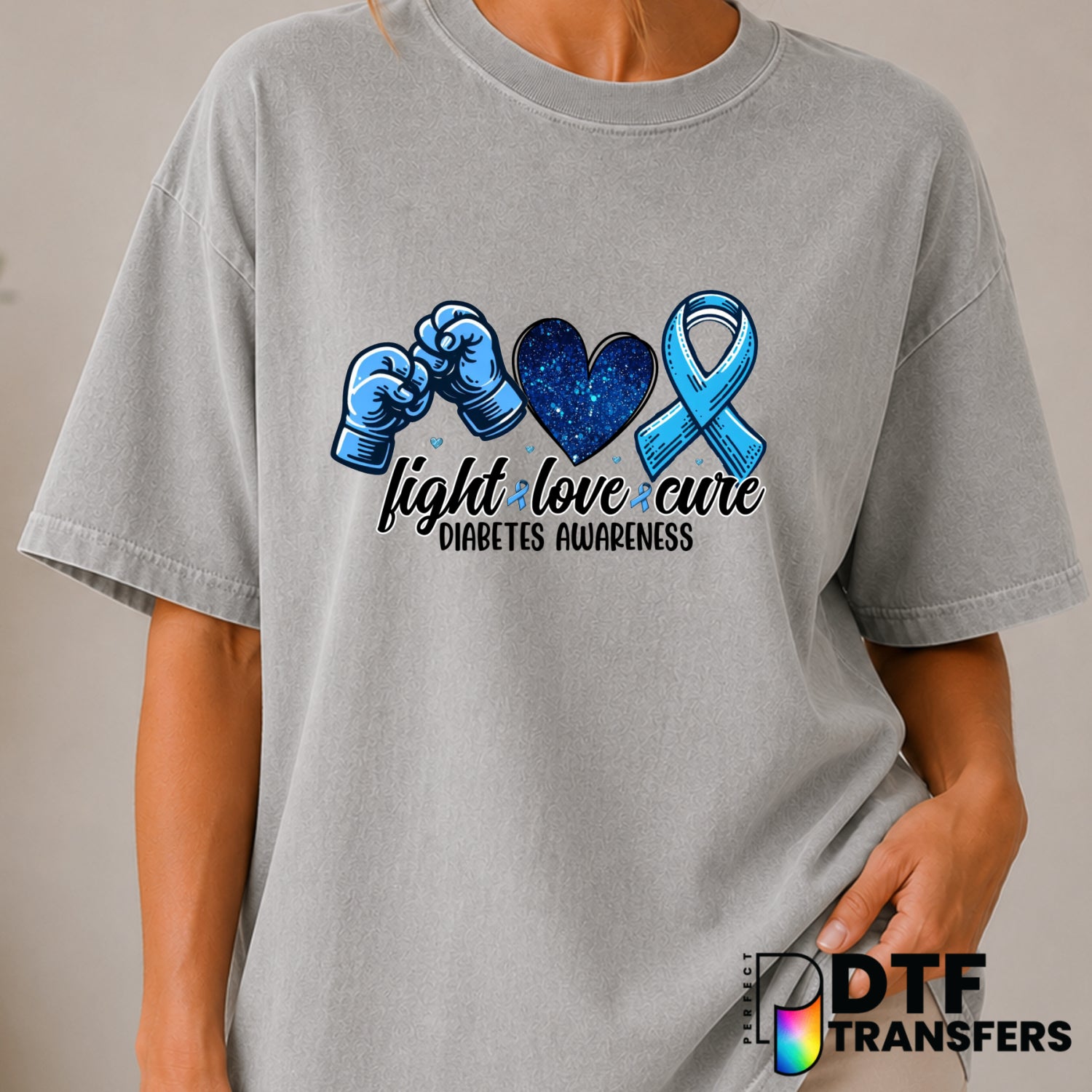Fight Love Cure – Diabetes Awareness DTF Transfer (view 1 of 2) – by Perfect DTF Transfers – Premade DTF Transfers – Diabe...