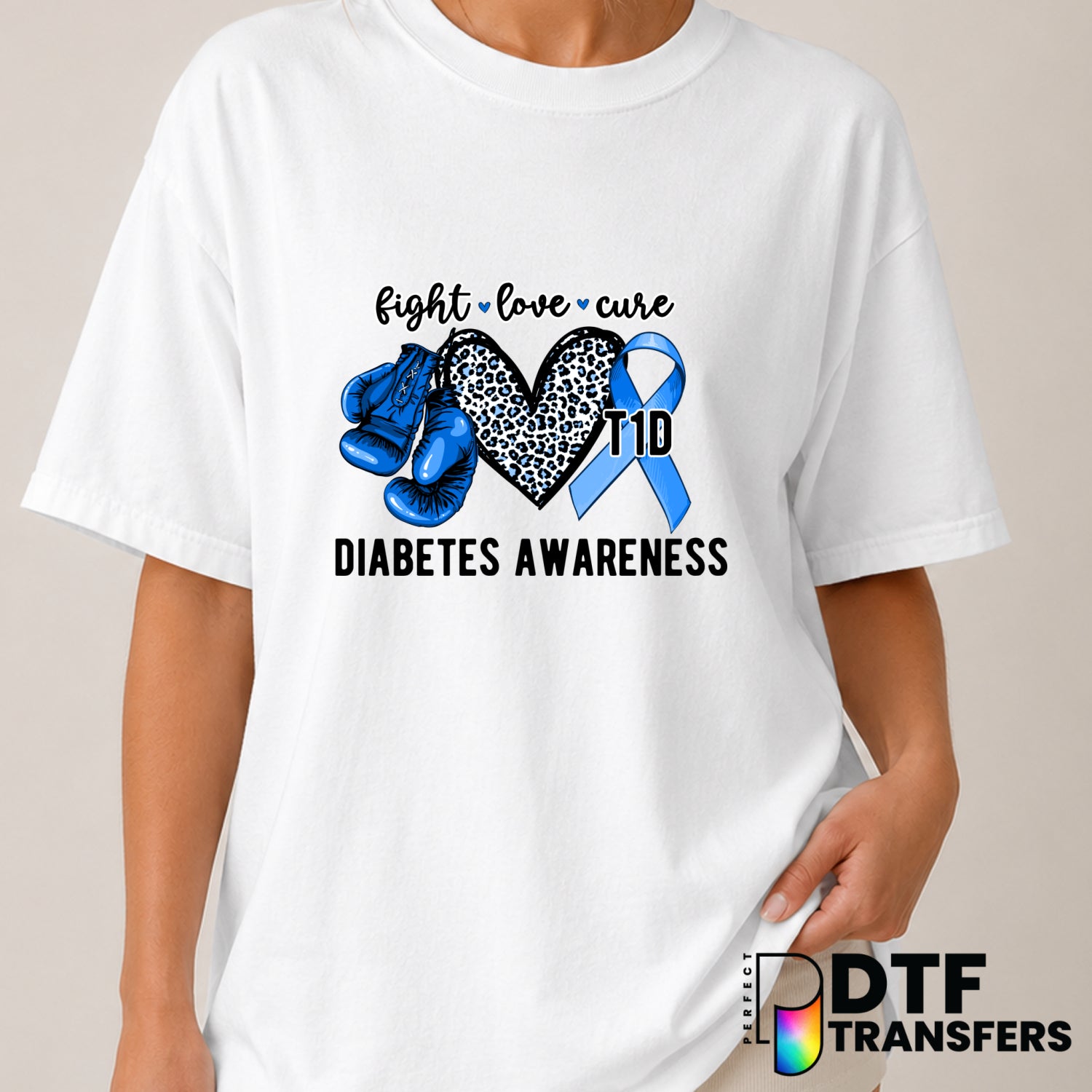 FIGHT LOVE CURE – Diabetes Awareness DTF Transfer (view 1 of 2) – by Perfect DTF Transfers – Premade DTF Transfers – Diabe...
