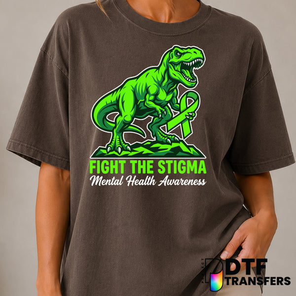 Fight The Stigma Dinosaur Green Ribbon Mental Health DTF Transfer (view 1 of 2) – by Perfect DTF Transfers – Premade DTF T...