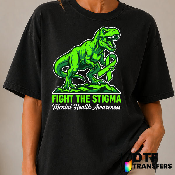Fight The Stigma Dinosaur Green Ribbon Mental Health DTF Transfer (view 2 of 2) – by Perfect DTF Transfers – Premade DTF T...
