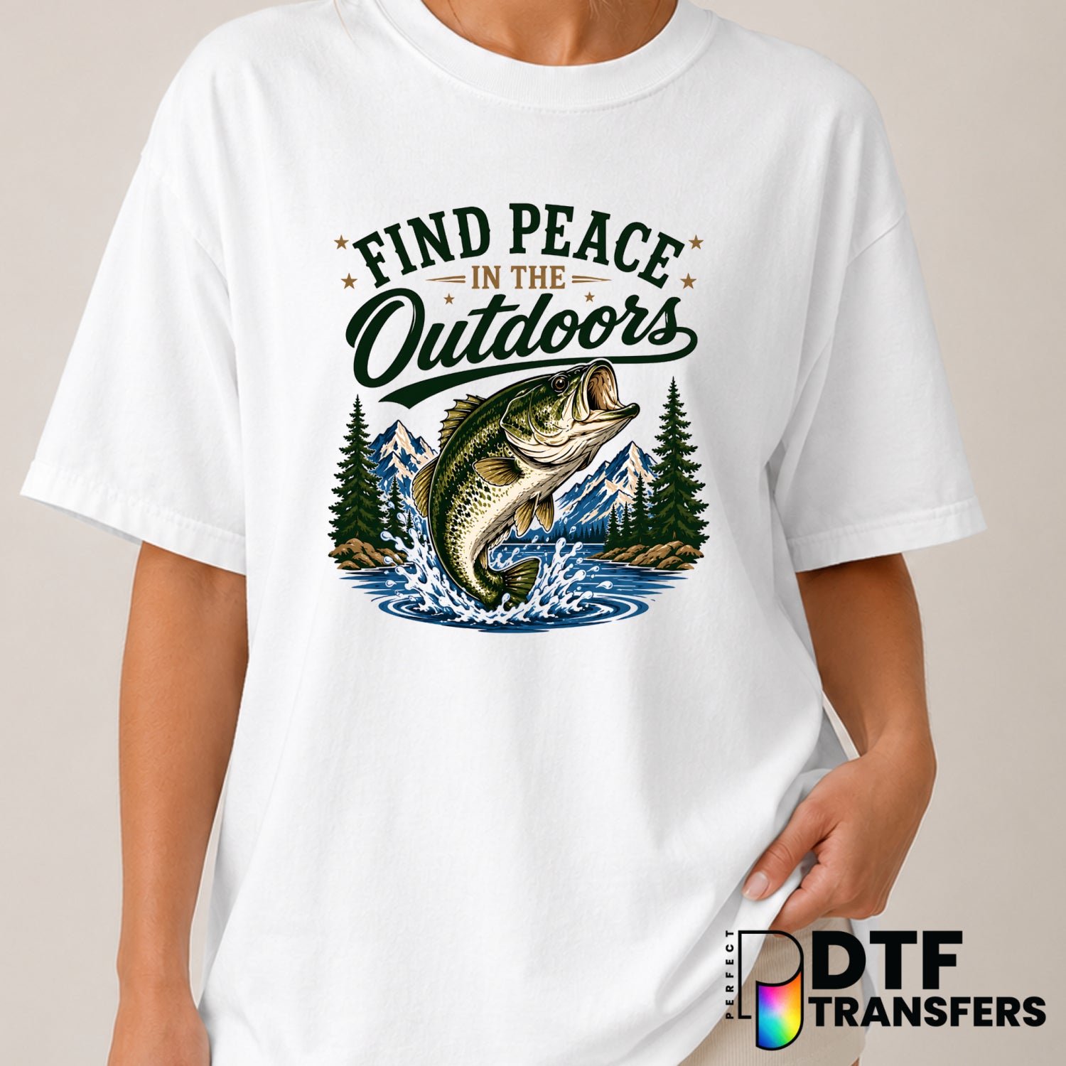 Find Peace In The Outdoors – Fishing DTF Transfer (view 1 of 2) – by Perfect DTF Transfers – Premade DTF Transfers – Fishi...