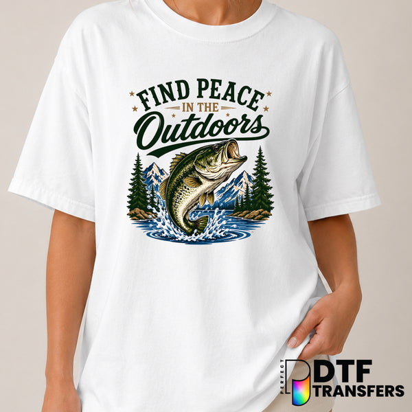 Find Peace In The Outdoors – Fishing DTF Transfer (view 1 of 2) – by Perfect DTF Transfers – Premade DTF Transfers – Fishi...