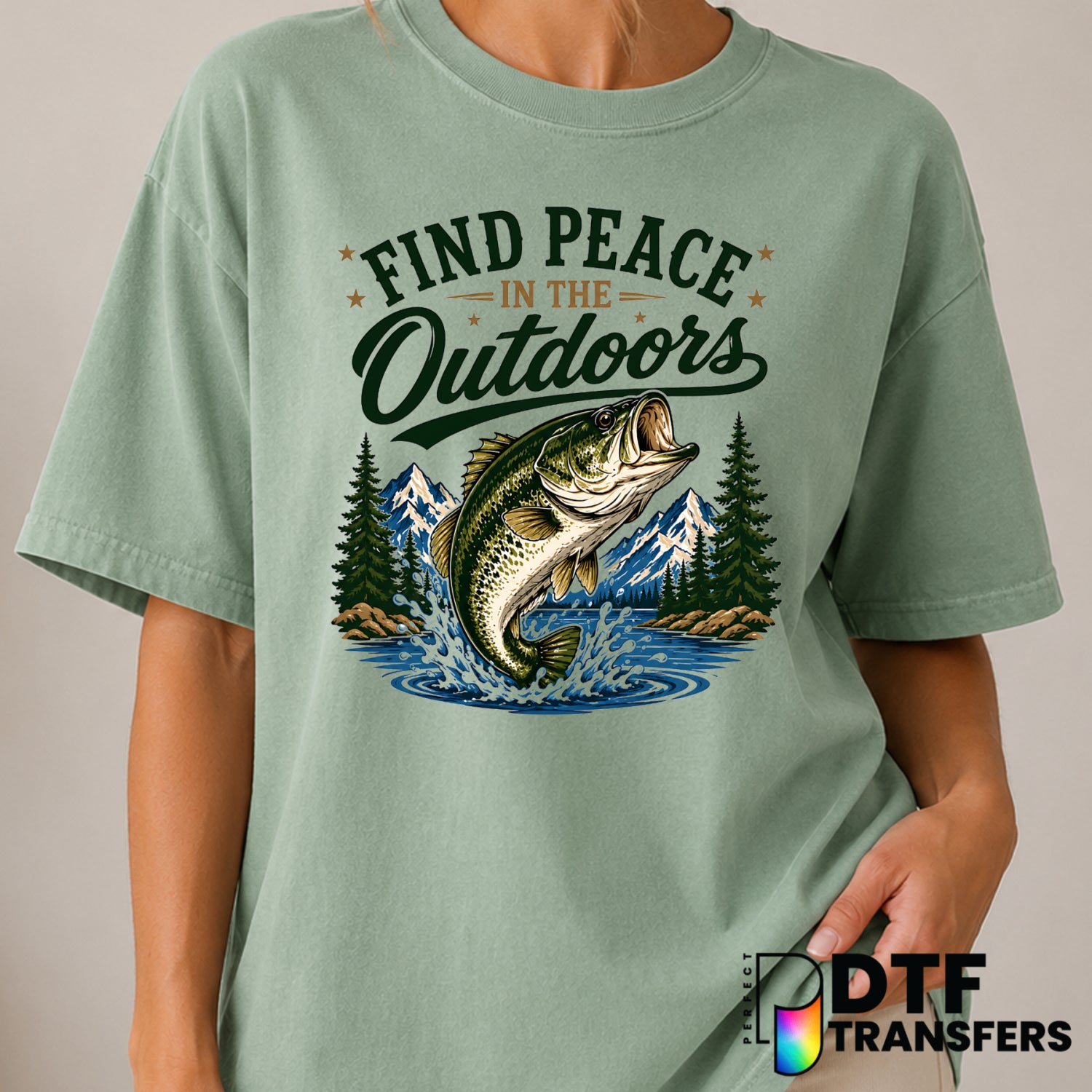 Find Peace In The Outdoors – Fishing DTF Transfer (view 2 of 2) – by Perfect DTF Transfers – Premade DTF Transfers – Fishi...