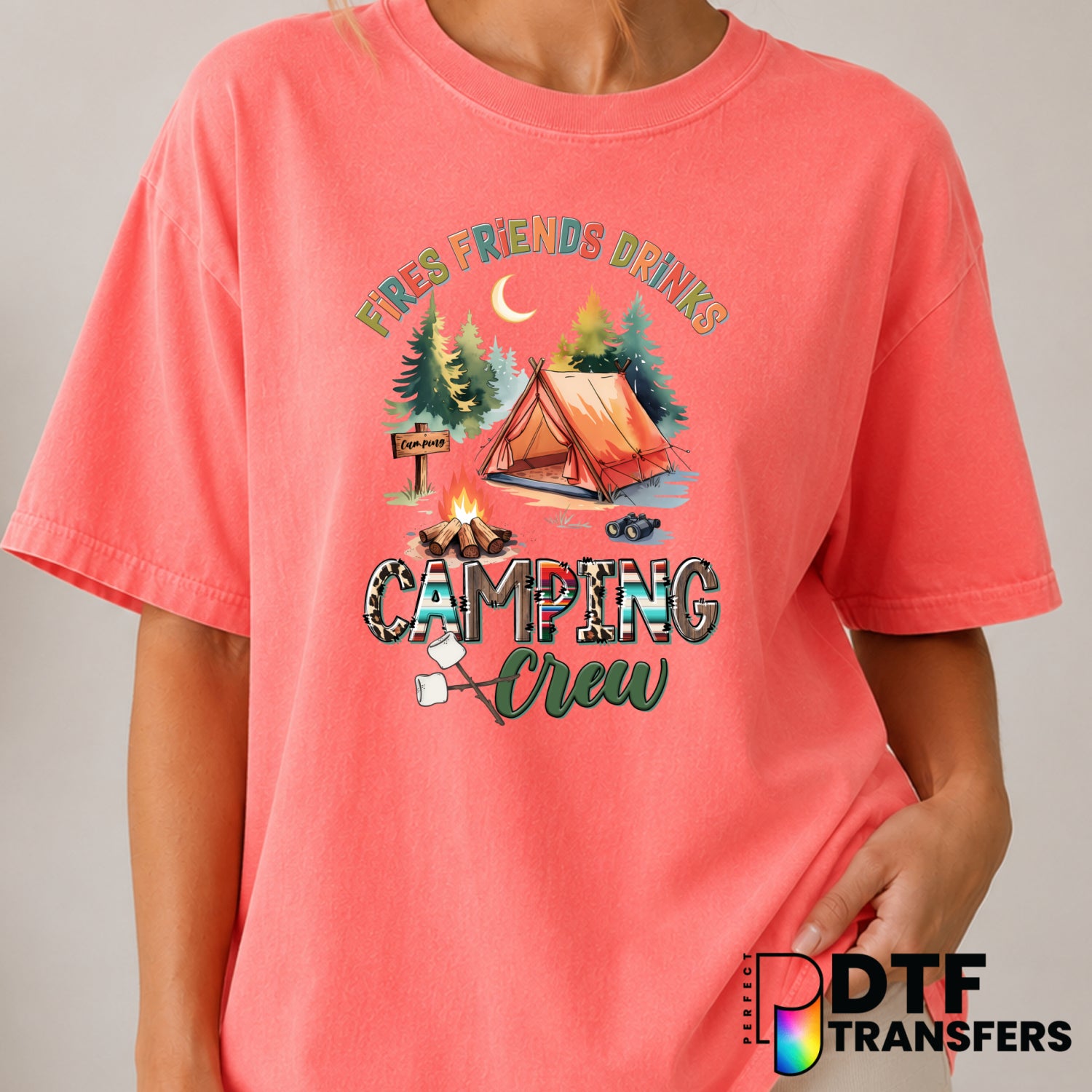 Fires Friends Drinks Camping Crew – Camping DTF Transfer (view 1 of 2) – by Perfect DTF Transfers – Premade DTF Transfers...