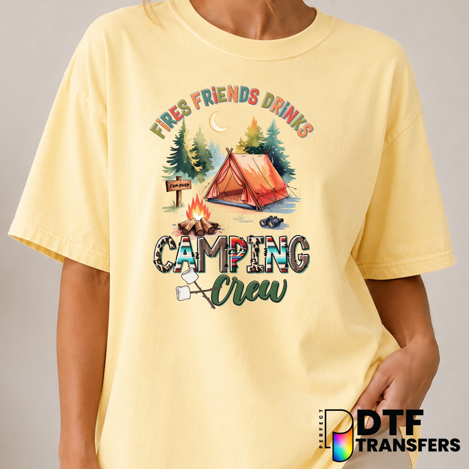 Fires Friends Drinks Camping Crew – Camping DTF Transfer (view 2 of 2) – by Perfect DTF Transfers – Premade DTF Transfers...