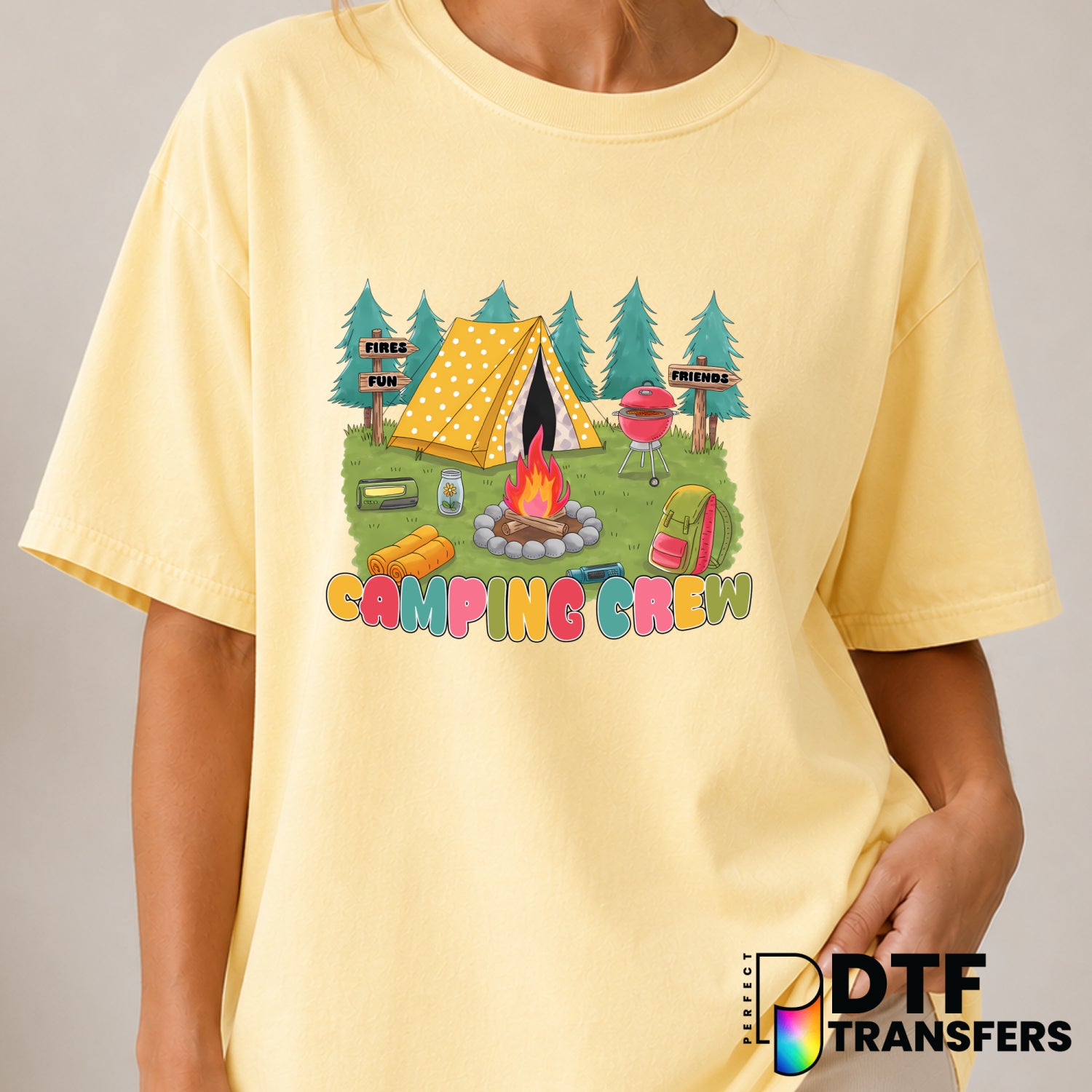 FIRES FUN FRIENDS CAMPING CREW – Camping DTF Transfer (view 1 of 2) – by Perfect DTF Transfers – Premade DTF Transfers – C...