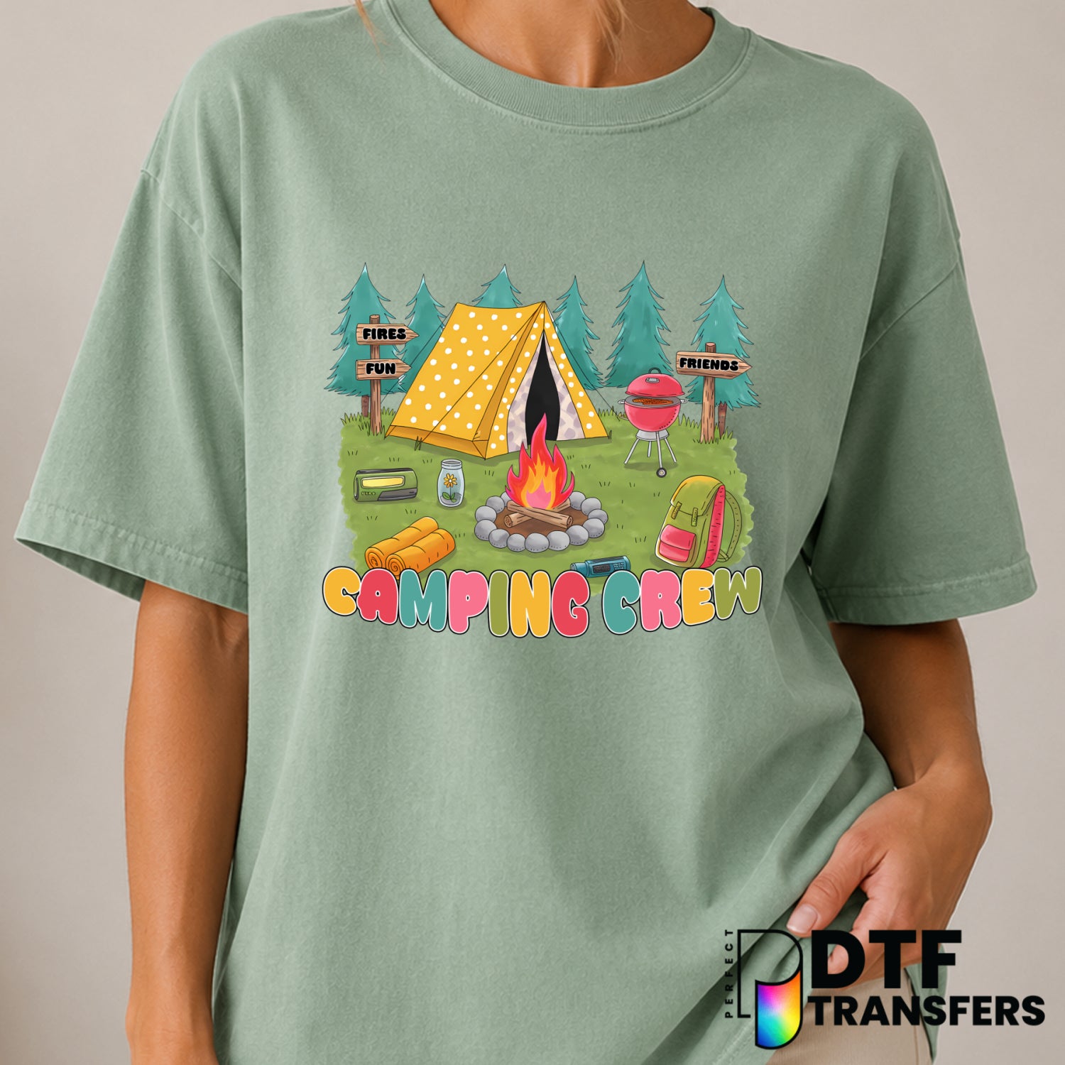 FIRES FUN FRIENDS CAMPING CREW – Camping DTF Transfer (view 2 of 2) – by Perfect DTF Transfers – Premade DTF Transfers – C...