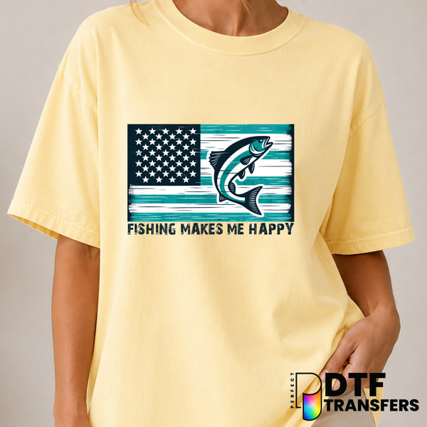 FISHING MAKES ME HAPPY – Fishing DTF Transfer (view 1 of 2) – by Perfect DTF Transfers – Premade DTF Transfers – Fishing,...