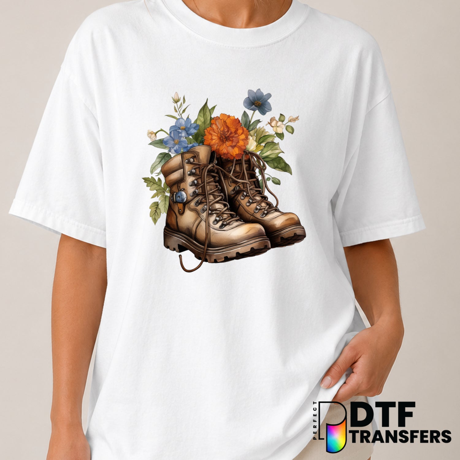 Floral Hiking Boots – Hiking DTF Transfer (view 2 of 2) – by Perfect DTF Transfers – Premade DTF Transfers – Hiking, Outdoor