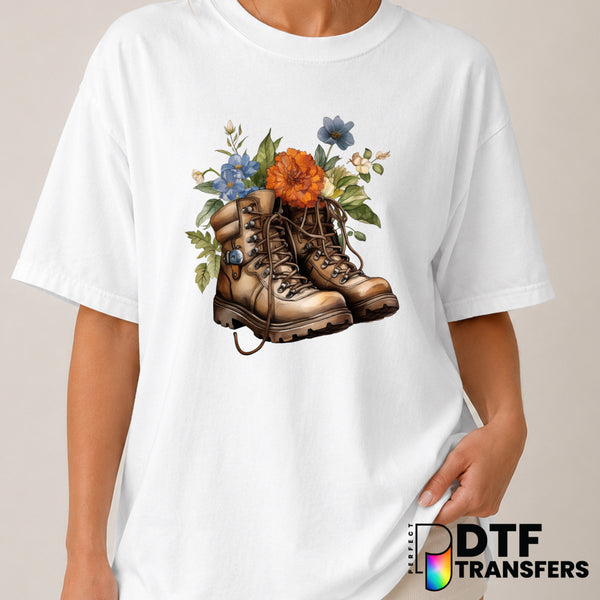 Floral Hiking Boots – Hiking DTF Transfer (view 2 of 2) – by Perfect DTF Transfers – Premade DTF Transfers – Hiking, Outdoor