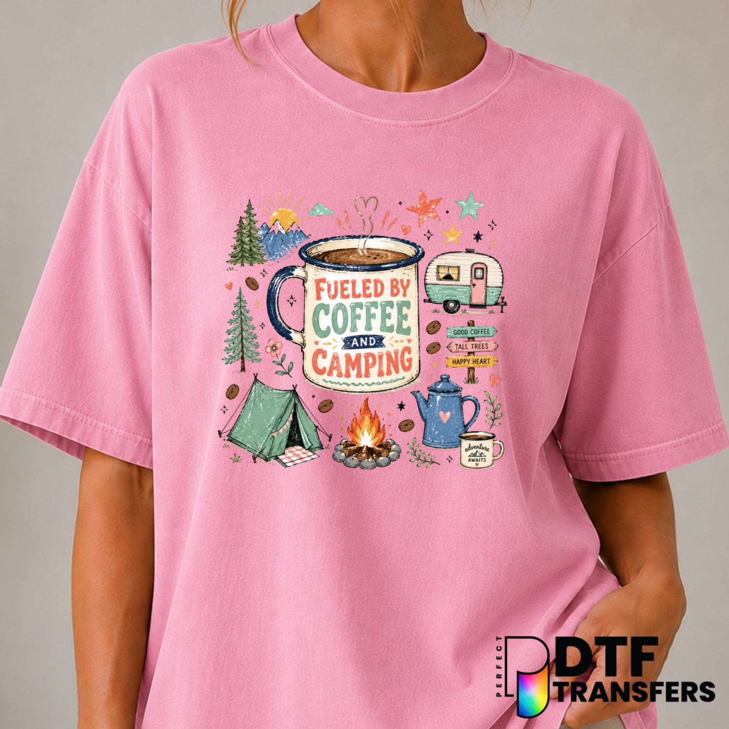 Fueled By Coffee and Camping – Camping DTF Transfer (view 2 of 2) – by Perfect DTF Transfers – Premade DTF Transfers – Cam...