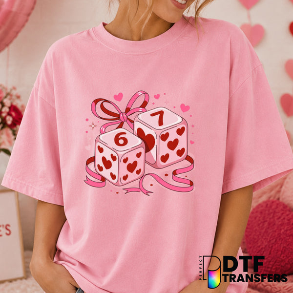 Funny Dice 67 Coquette Bow Hearts – Valentine's Day DTF Transfer (view 1 of 2) – by Perfect DTF Transfers – Premade DTF Tr...