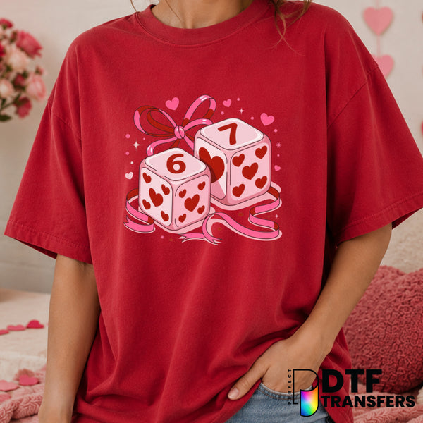 Funny Dice 67 Coquette Bow Hearts – Valentine's Day DTF Transfer (view 2 of 2) – by Perfect DTF Transfers – Premade DTF Tr...