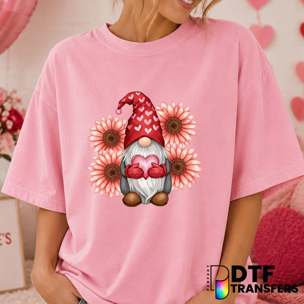 Gnome Holding Heart Pink Sunflowers – Valentine's Day DTF Transfer (view 1 of 2) – by Perfect DTF Transfers – Premade DTF...