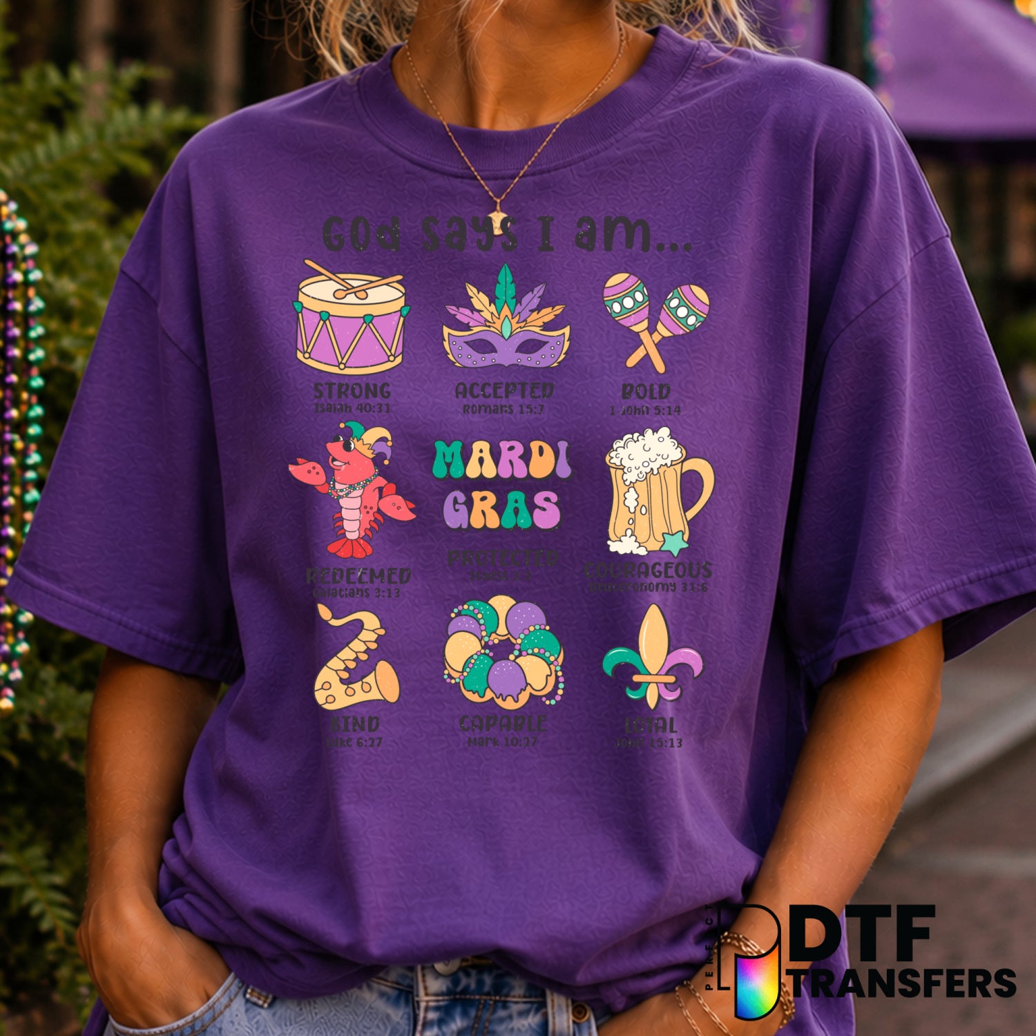 God Says I Am Religious Mardi Gras Stacked Grunge – Mardi Gras DTF Transfer (view 2 of 2) – by Perfect DTF Transfers – Pre...