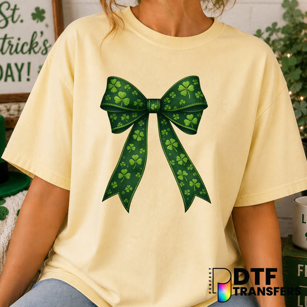 Green Bow with Clovers – St. Patrick's Day DTF Transfer (view 1 of 2) – by Perfect DTF Transfers – Premade DTF Transfers –...