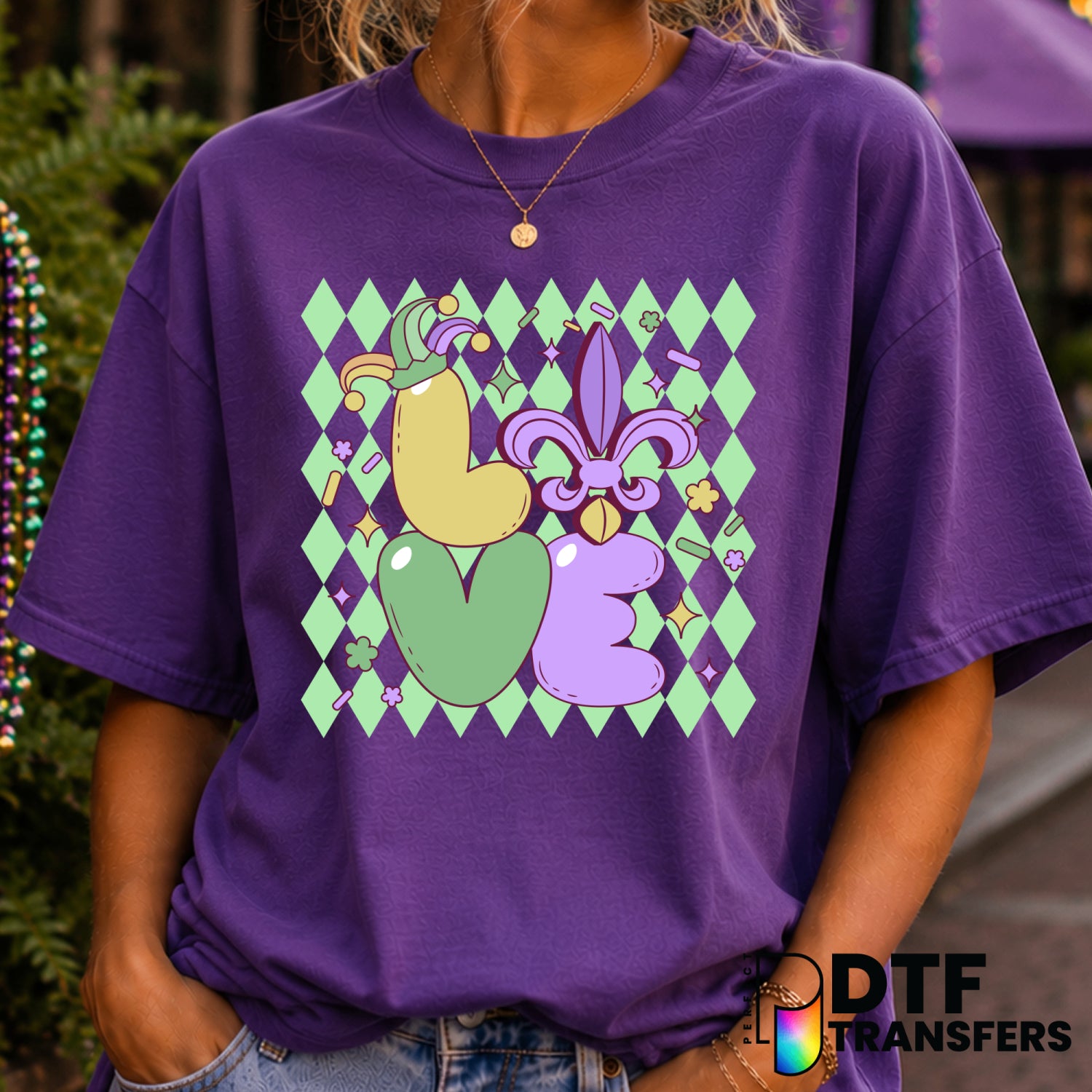 Green Checkered LOVE Bubble Letters – Mardi Gras DTF Transfer (view 1 of 2) – by Perfect DTF Transfers – Premade DTF Trans...