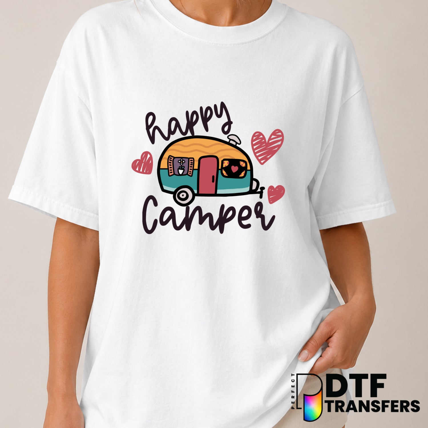Happy Camper – Camping DTF Transfer (view 1 of 2) – by Perfect DTF Transfers – Premade DTF Transfers – Camping, Outdoor