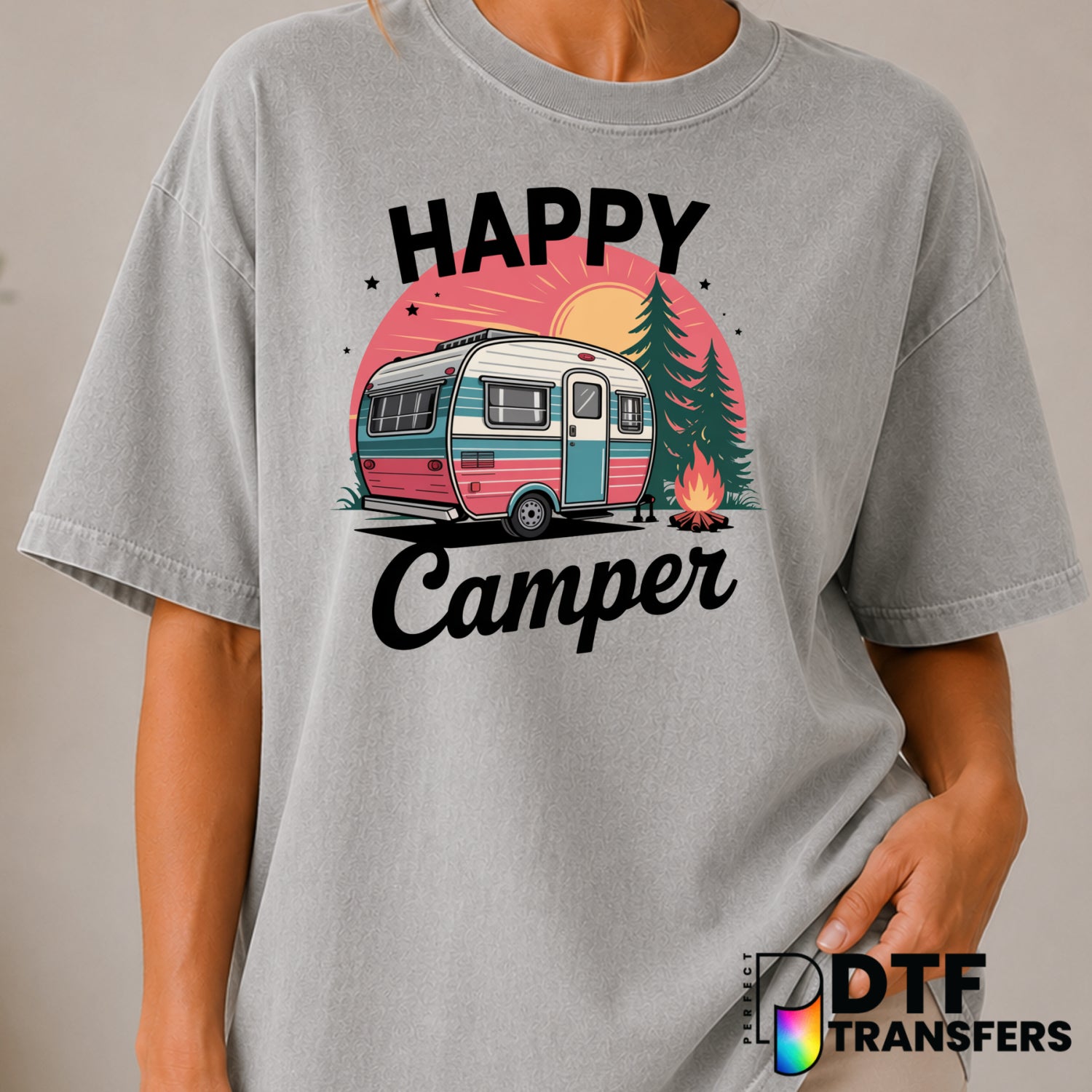 Happy Camper – Camping DTF Transfer (view 1 of 2) – by Perfect DTF Transfers – Premade DTF Transfers – Camping, Outdoor