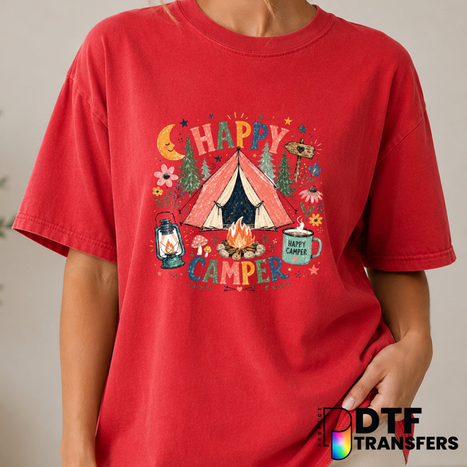HAPPY CAMPER – Camping DTF Transfer (view 1 of 2) – by Perfect DTF Transfers – Premade DTF Transfers – Camping, Outdoor