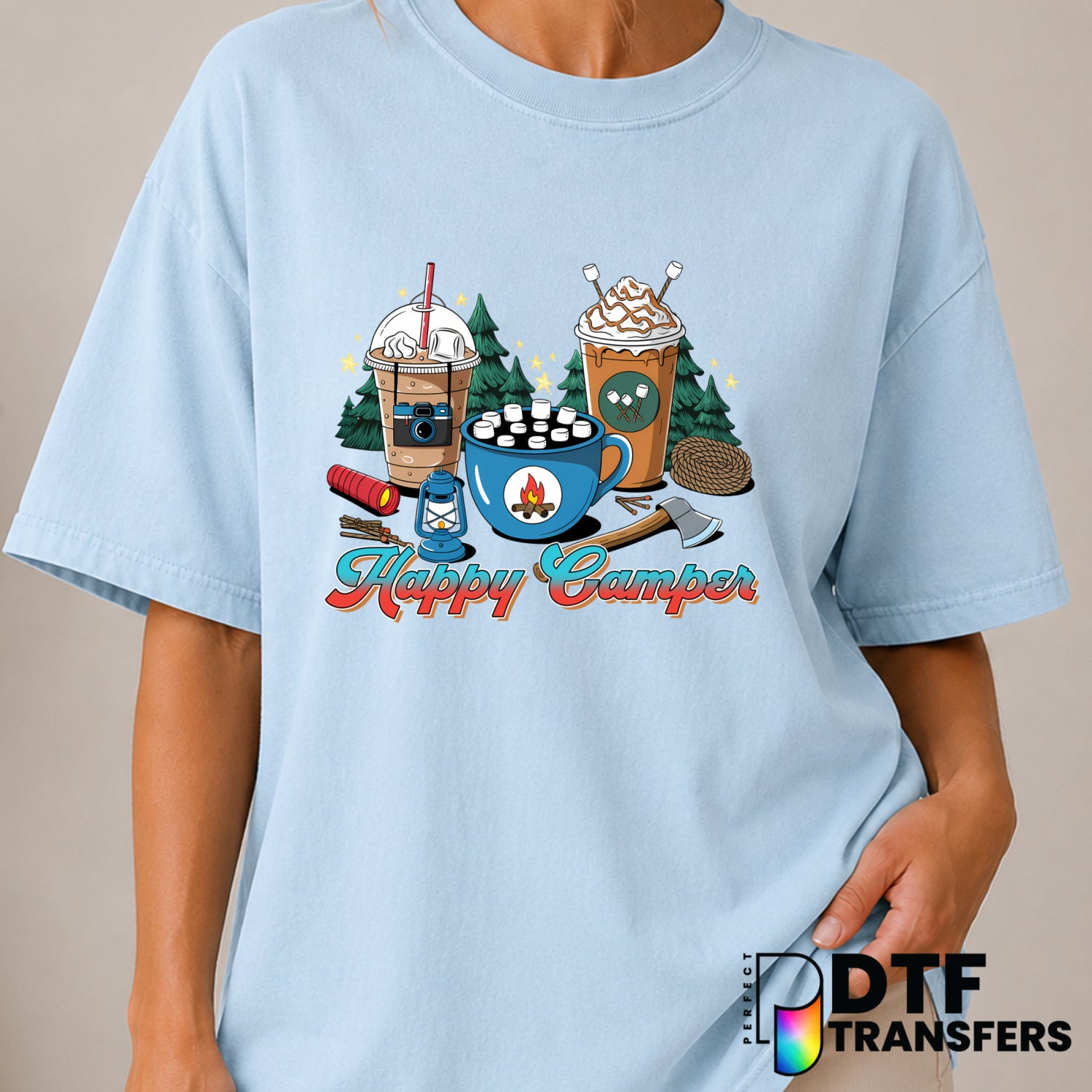 Happy Camper Coffee Lover – Camping DTF Transfer (view 1 of 2) – by Perfect DTF Transfers – Premade DTF Transfers – Campin...
