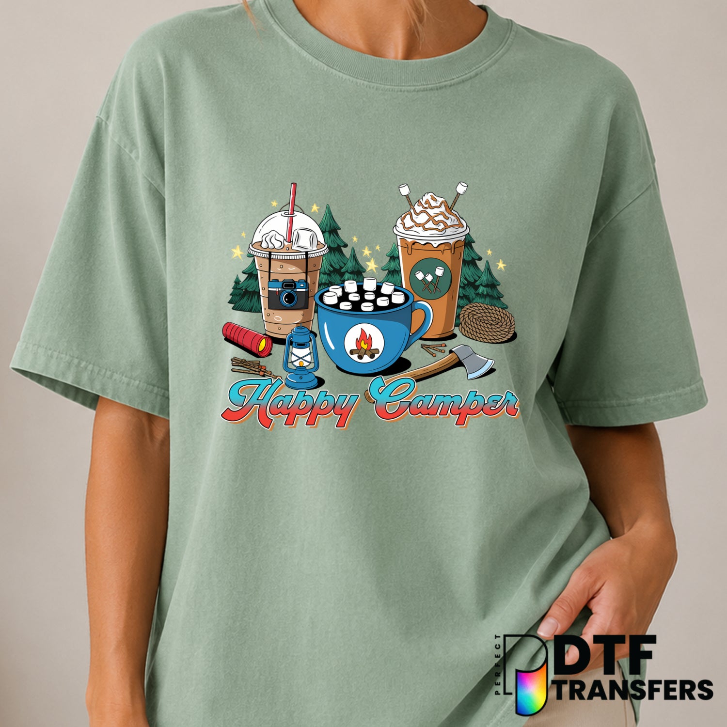 Happy Camper Coffee Lover – Camping DTF Transfer (view 2 of 2) – by Perfect DTF Transfers – Premade DTF Transfers – Campin...