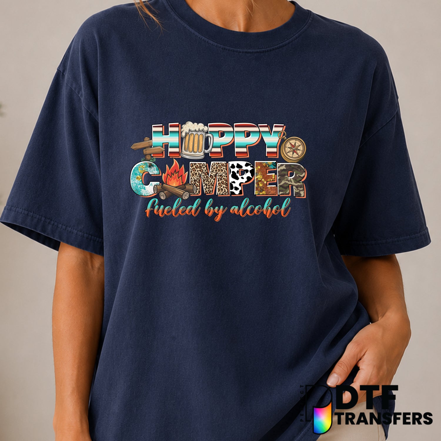 Happy Camper Fueled By Alcohol – Camping DTF Transfer (view 1 of 2) – by Perfect DTF Transfers – Premade DTF Transfers – C...