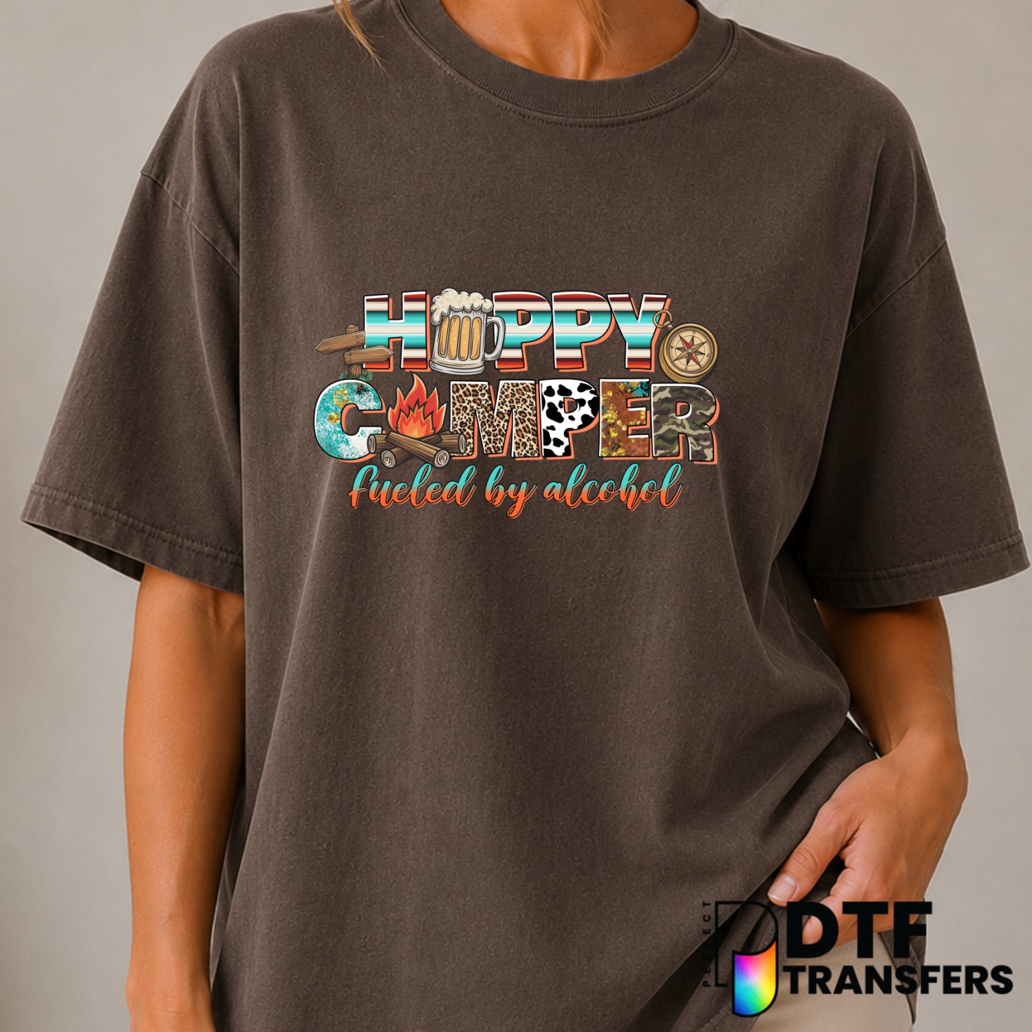 Happy Camper Fueled By Alcohol – Camping DTF Transfer (view 2 of 2) – by Perfect DTF Transfers – Premade DTF Transfers – C...