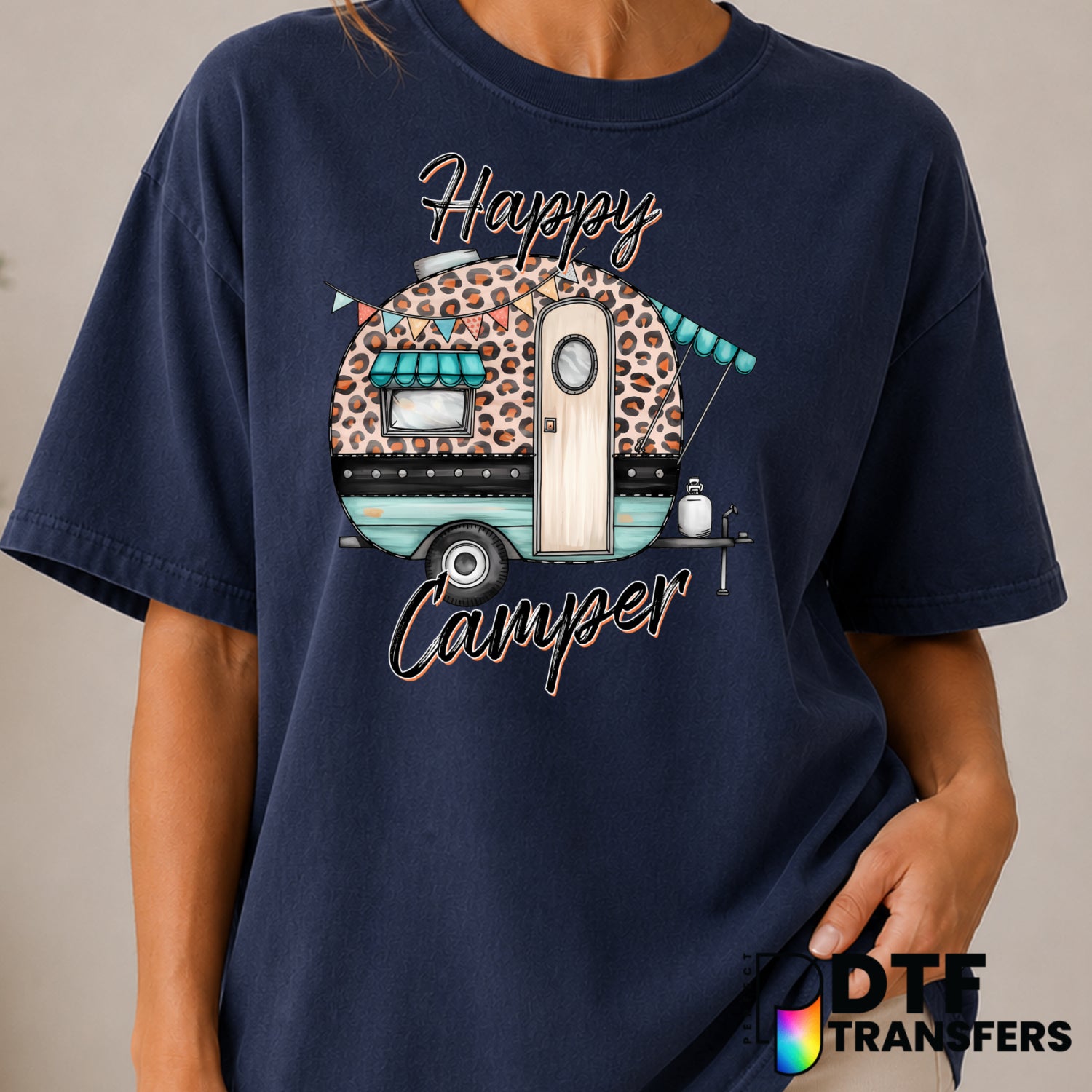 Happy Camper Leopard RV – Camping DTF Transfer (view 1 of 2) – by Perfect DTF Transfers – Premade DTF Transfers – Camping,...