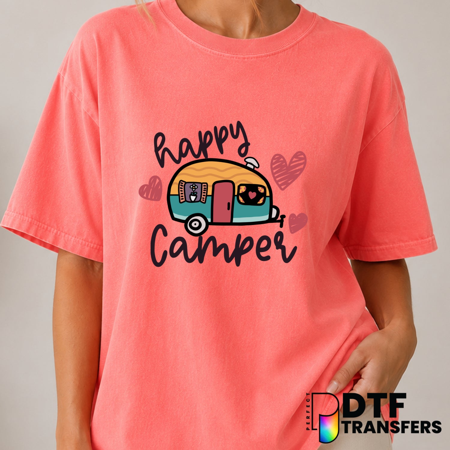 Happy Camper Retro RV Heart – Camping DTF Transfer (view 1 of 2) – by Perfect DTF Transfers – Premade DTF Transfers – Camp...