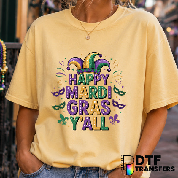 Happy Mardi Gras Y’all – Mardi Gras DTF Transfer (view 1 of 2) – by Perfect DTF Transfers – Premade DTF Transfers – Mardi...