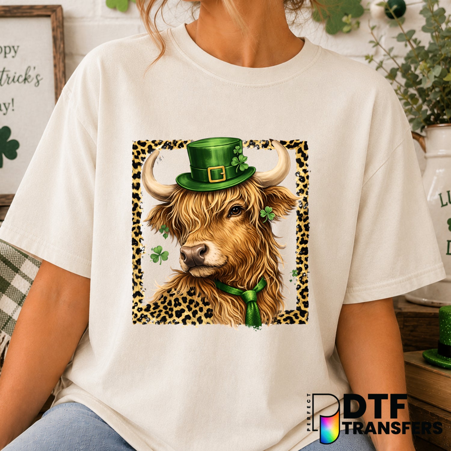 Happy St. Patrick's Day Highland Cow – DTF Transfer (view 1 of 2) – by Perfect DTF Transfers – Premade DTF Transfers – St....