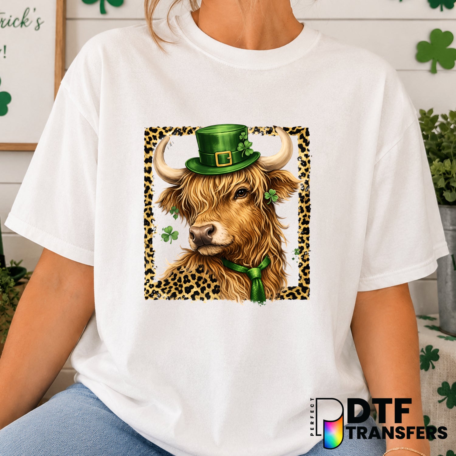 Happy St. Patrick's Day Highland Cow – DTF Transfer (view 2 of 2) – by Perfect DTF Transfers – Premade DTF Transfers – St....