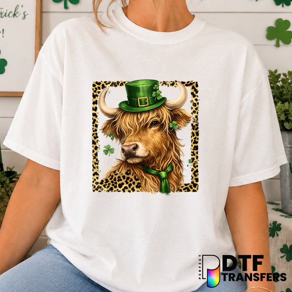 Happy St. Patrick's Day Highland Cow – DTF Transfer (view 2 of 2) – by Perfect DTF Transfers – Premade DTF Transfers – St....