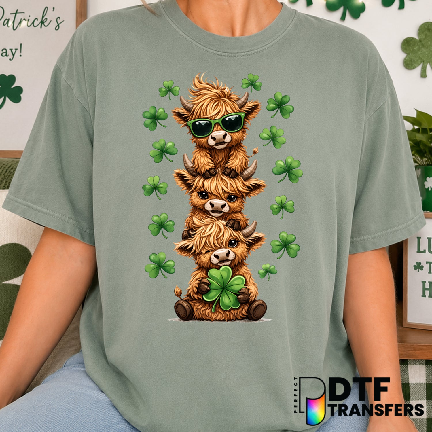 Highland Cow Clover – St. Patrick's Day DTF Transfer (view 2 of 2) – by Perfect DTF Transfers – Premade DTF Transfers – St...