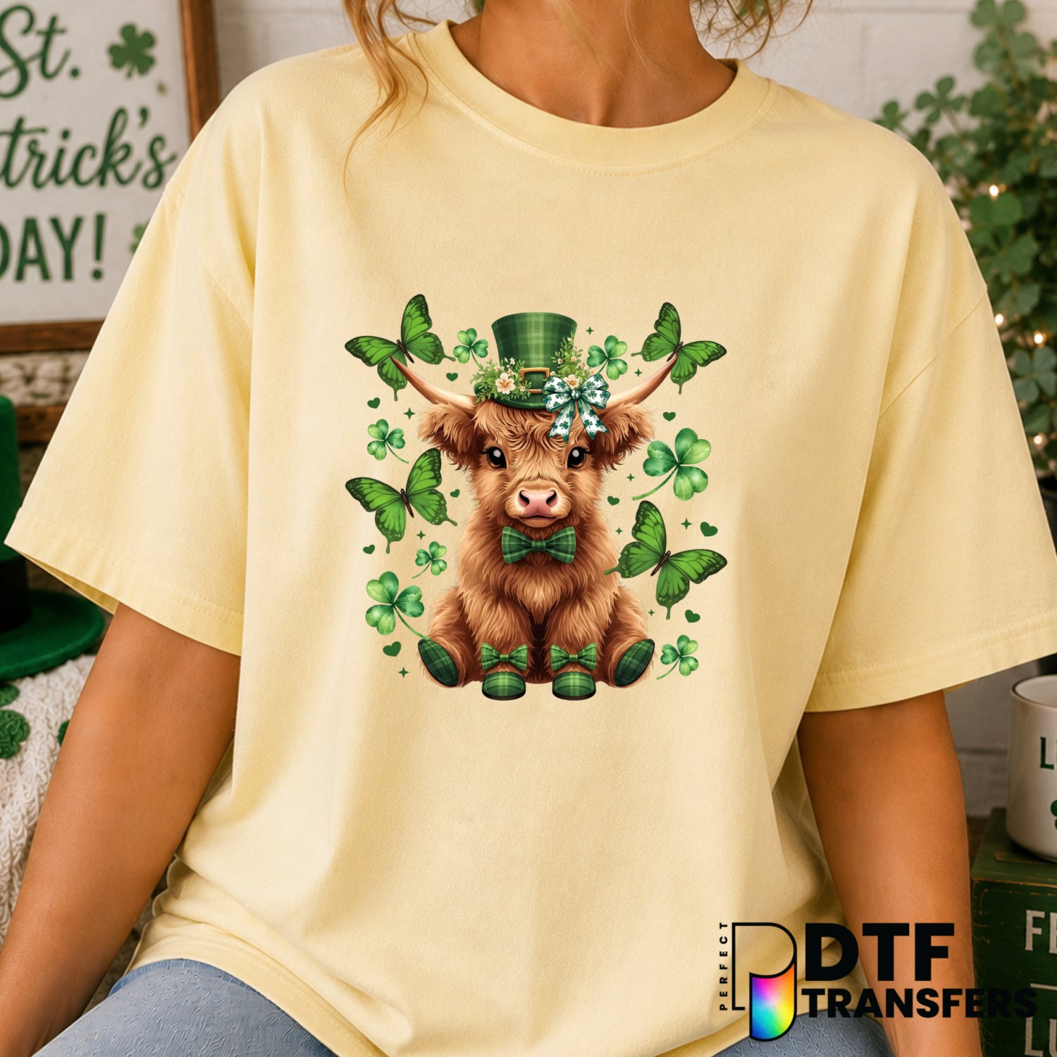 Highland Cow Coquette Shamrock St. Patrick's Day DTF Transfer (view 2 of 2) – by Perfect DTF Transfers – Premade DTF Trans...